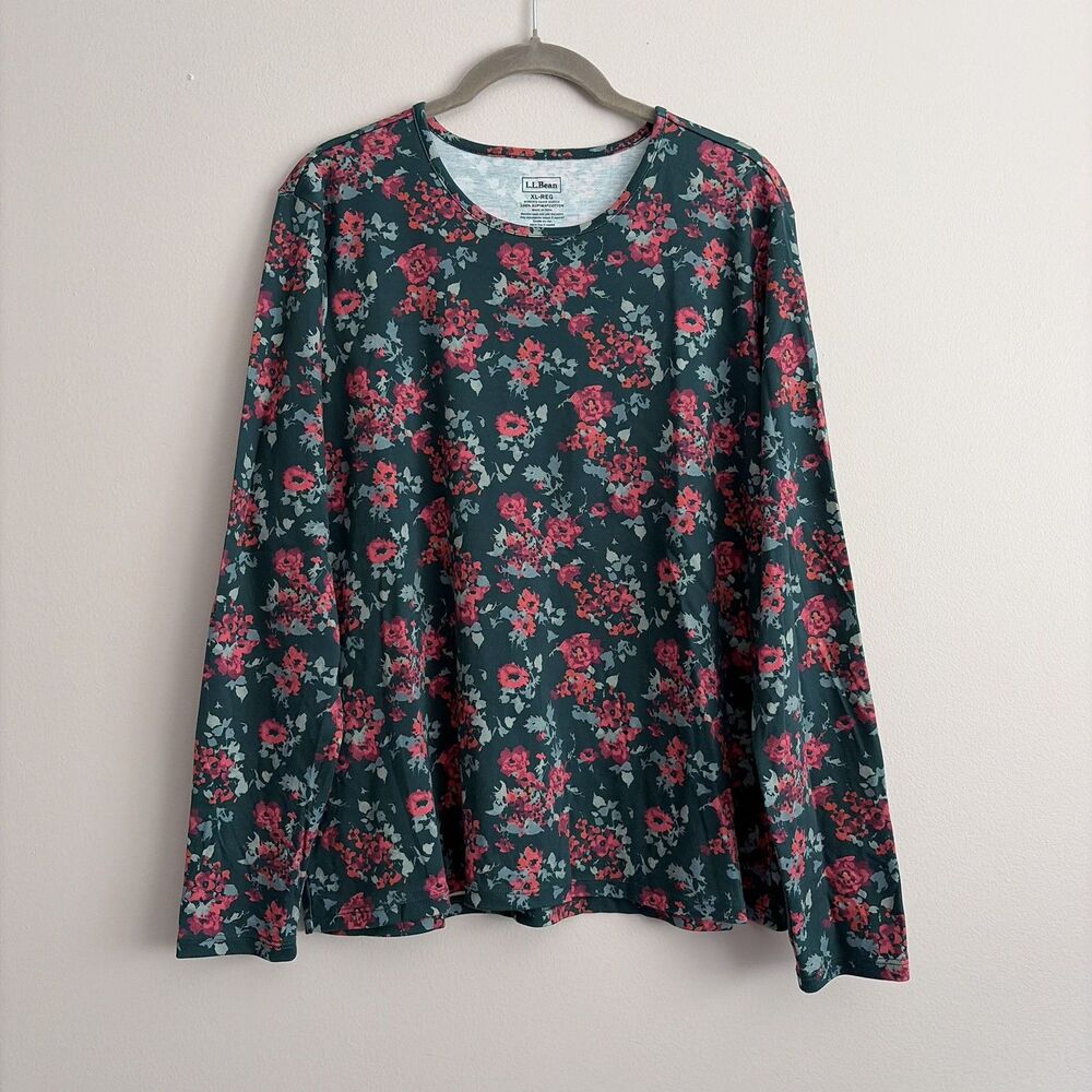 LL Bean Womens Green Red Floral Long Sleeve Shirt Size XL 100% Cotton Basic